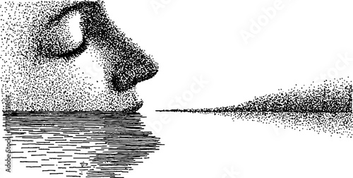 Reflective human face in water - black and white dotwork art for design and decor