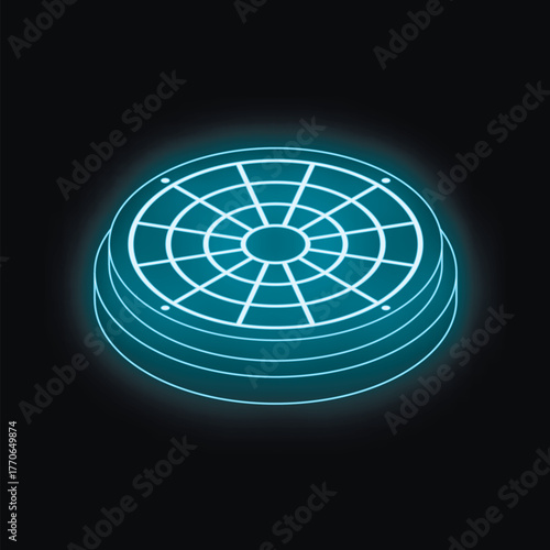 Futuristic glowing blue manhole cover isolated on black background