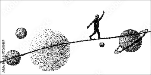 Surreal journey: human figure walking on cosmic path with planets in black and white
