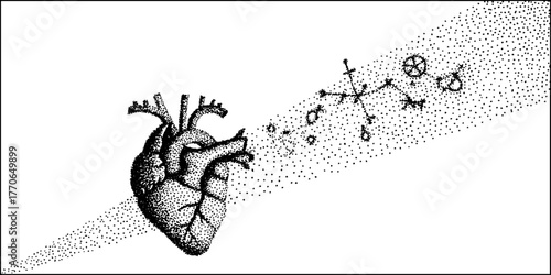 Black and white heart illustration with cosmic connections for artistic design