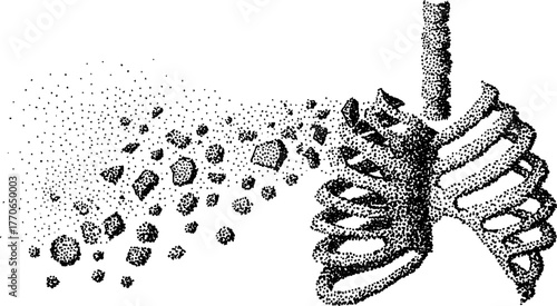 Abstract black and white human ribcage with dispersing geometric elements