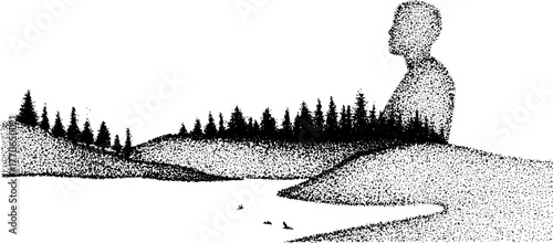 Surreal landscape within human silhouette featuring forest and river scene