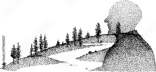 Human silhouette filled with landscape of forest and path in black and white