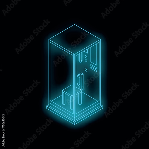 Neon elevator with chair moving upwards, symbolizing vertical transportation and futuristic design in isometric perspective
