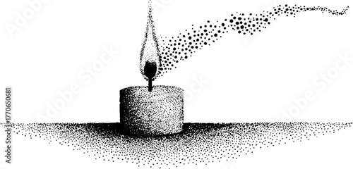 Elegant lit candle with dripping wax in black and white stipple art design
