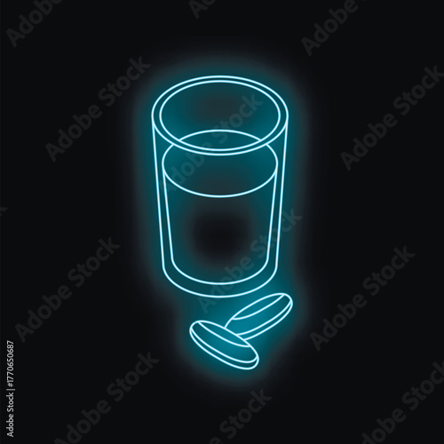 Glowing neon glass of water with two pills represents taking medicine, healthcare, or hydration