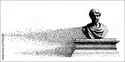 Marble bust floating in stippled halftone style - black and white vintage design for art and decor