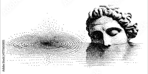 Surreal upside down marble bust floating in stipple design for artistic projects