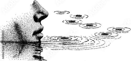 Surreal marble bust floating upside down with ripple effect in black and white stipple art