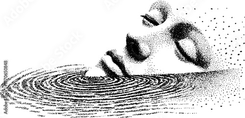 Surreal marble bust floating upside down with halftone texture for artistic design