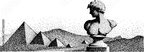 Classical marble bust and egyptian pyramids in stipple effect illustration