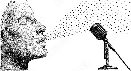 Retro artistic marble bust singing into a microphone black and white design