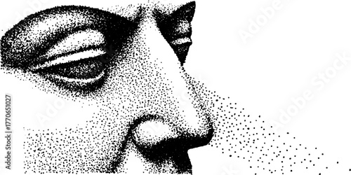 Black and white marble bust contemplation with dotwork effect for artistic design