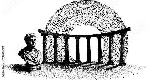 Black and white illustration of marble bust with ancient columns in stipple style