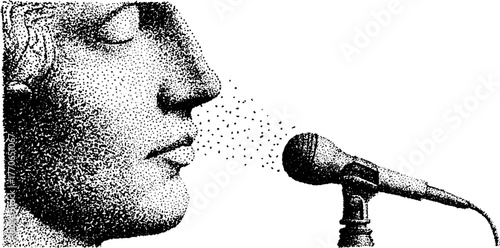 Classical marble bust singing into microphone - vintage dotwork art