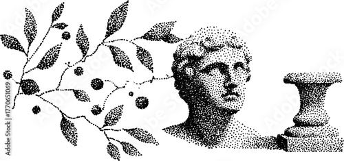 Classical marble bust with botanical elements in vintage dotwork style for art and design inspiration