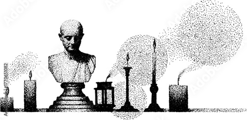 Classical marble bust with candles and lantern in halftone vintage style for artistic design