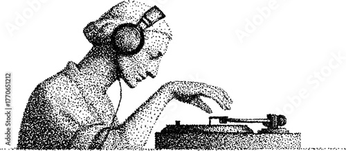 Marble bust wearing headphones listening to music with vintage halftone effect