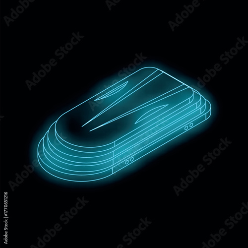 Isometric neon blue roof box glowing on dark background, ideal for travel and vacation concepts