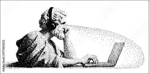 Marble bust with headphones engaged in laptop work in dotwork style