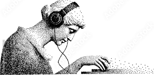 Classical marble bust with headphones in dotwork style for modern musical concept design
