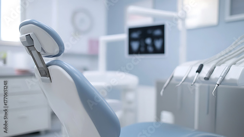 A modern dental office setting showcases a pristine dental chair and an array of specialized instruments ready for patient care, with a monitor displaying dental scans.