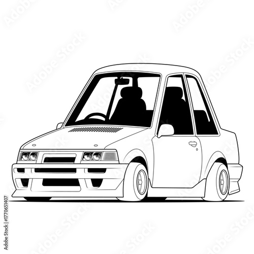 Lowered stance compact car with wide body kit, clean line art style, vector format ideal for tuner culture, automotive design, or customization-themed content