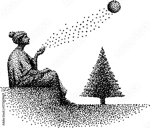 Timeless marble figure contemplating nature with abstract elements in black and white art