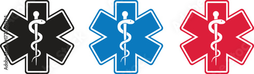 Set of Star of Life Emergency Medical Services Icons with Rod of Asclepius