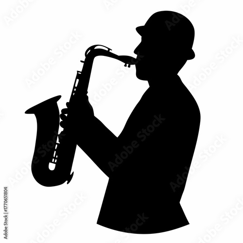 Silhouette of a musician wearing a hat playing a saxophone beautifully rendered