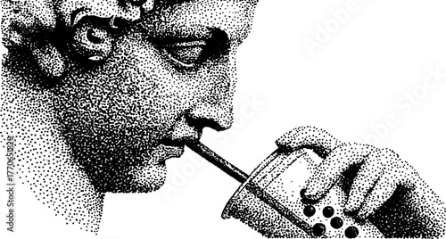 Classical marble bust drinking bubble tea in vintage dotwork style for creative design
