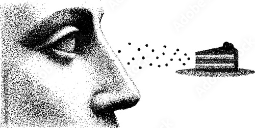 Surreal marble bust focused on floating dessert with stipple dotwork effect