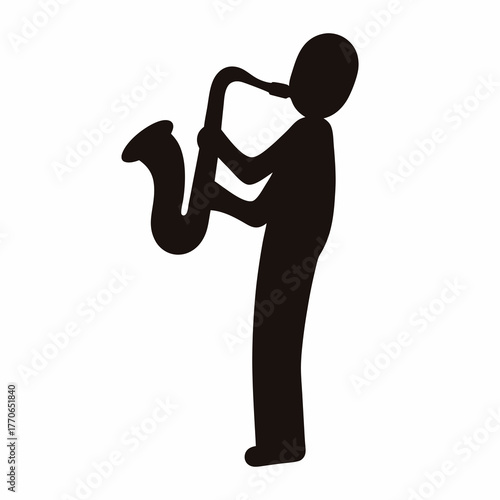 Silhouette of a person playing the saxophone on a white background