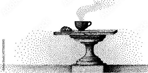 Black and white marble pedestal with cup and dessert - vintage dotwork illustration