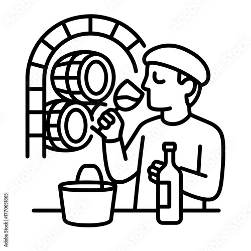 Minimal line icon of man tasting wine in cellar with barrels, representing winemaking, sommelier expertise, and traditional wine culture