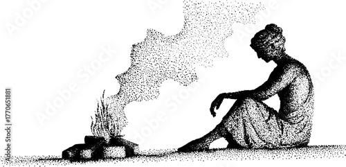 Marble statue in contemplation by fire in halftone style for art and vintage design