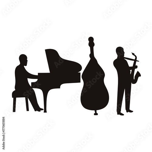 Black silhouette illustration of a jazz band with piano, bass and saxophone