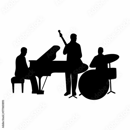 Silhouette illustration of a jazz trio performing music on musical instruments