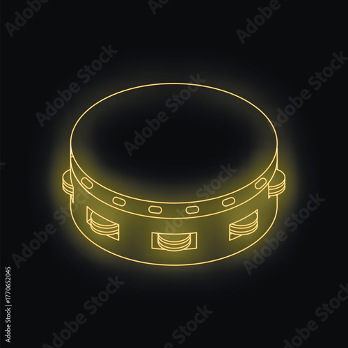 Neon tambourine glowing on dark background, representing music, rhythm, and percussion instruments