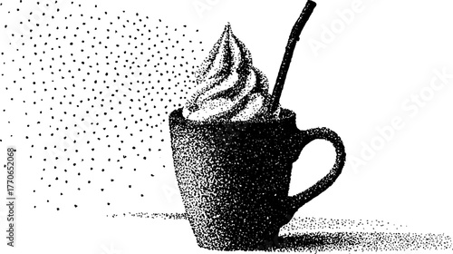 Black and white mug with whipped cream swirl - vintage dotwork illustration for cafe decor