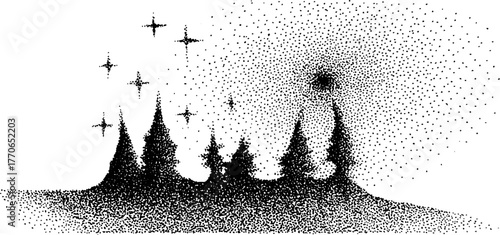 Enchanting night sky with twinkling stars and silhouette of pine trees in black and white