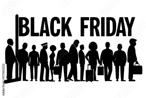 People standing in queue for Black Friday sale silhouette vector illustration, isolated on white background