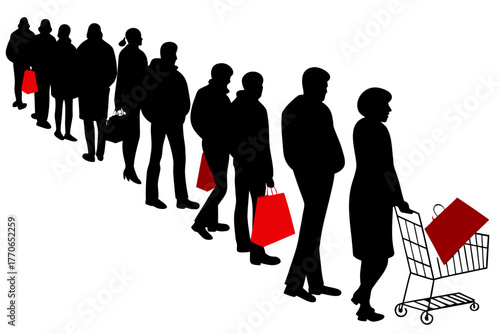 People standing in queue for Black Friday sale silhouette vector illustration, isolated on white background