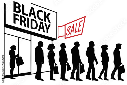 People standing in queue for Black Friday sale silhouette vector illustration