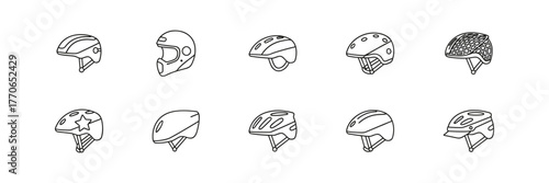 Collection of Ten Different Helmet Illustrations in Line Art Style
