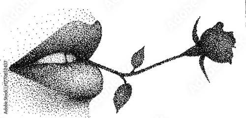 Elegant lip bite with rose stem in black and white stipple art for romantic design