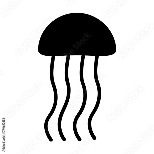 Stylized Black Jellyfish Illustration on White Background, Aquatic Marine Life Form
