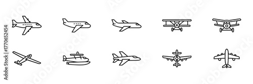 Airplane Line Icons Set in Black and White Minimalist Style