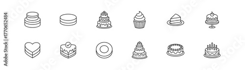 Cake and Dessert Icons Set in Line Art Style