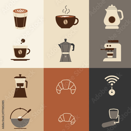 A collection of coffee-related icons, including cups, brewing methods, pastries, and a Wi-Fi symbol, arranged in a grid.